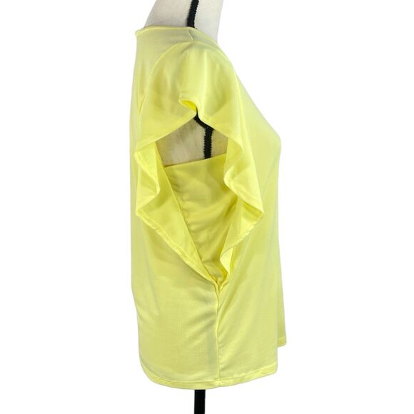 NY Collection Small Top Flutter Sleeve Stretch Scoop Neck Lemon Yellow Ruffled - Picture 2 of 7
